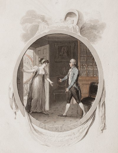 La Srta. Darnford llevando a Mr. B la noticia del nacimiento de un hijo, Lett. 18, ilustración para una edición de 1802 de 