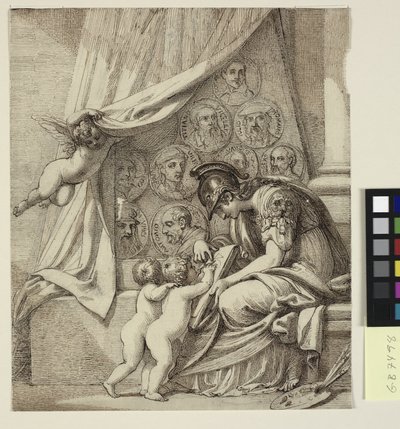 El genio de la pintura. Minerva instruyendo a los putti en el arte de la pintura. Diseño para el grabado de Pierre Condé, Memorial a Robert Udney Esq. de Richard Cosway