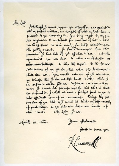 Carta de Richard Cromwell, Lord Protector, al General George Monck, 18 de abril de 1660 de Richard Cromwell