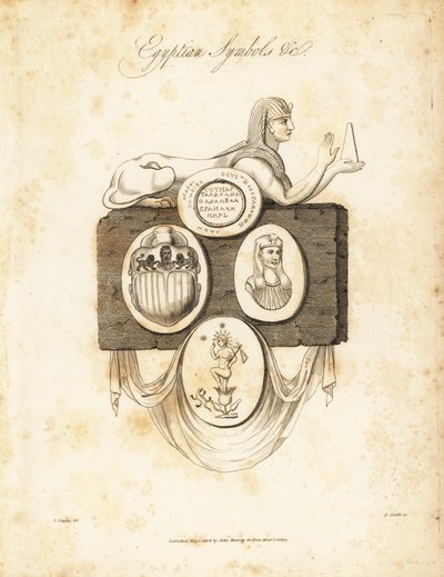 Esfinge egipcia, escarabajo, Horus, etc., 1823 (grabado) de Richard Dagley