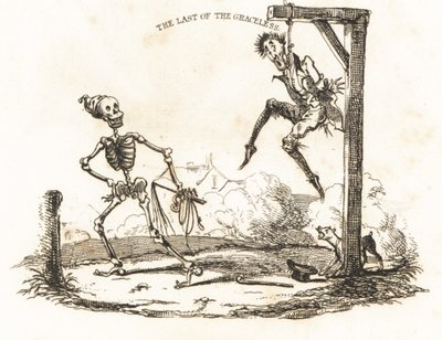 Viñeta de un esqueleto y un hombre colgando de una horca.,1827 (grabado) de Richard Dagley