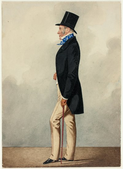 Retrato de hombre con abrigo negro y corbata azul y blanca de Richard Dighton