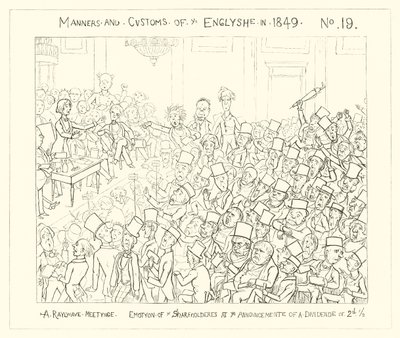 1849, Una reunión ferroviaria, emoción de los accionistas al anuncio de un dividendo de dos peniques y medio de Richard Doyle