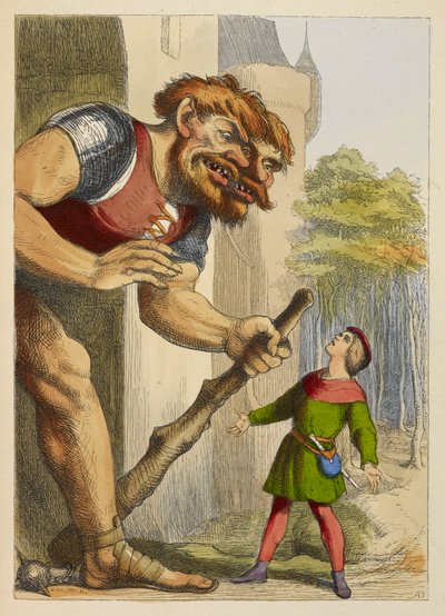 Jack mirando a un gigante que tiene dos cabezas. El gigante es galés. Ilustración a color en un libro infantil. de Richard Doyle