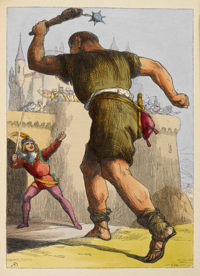 Jack listo para luchar contra un gigante fuera de un castillo. Ilustración a color en un libro infantil. de Richard Doyle