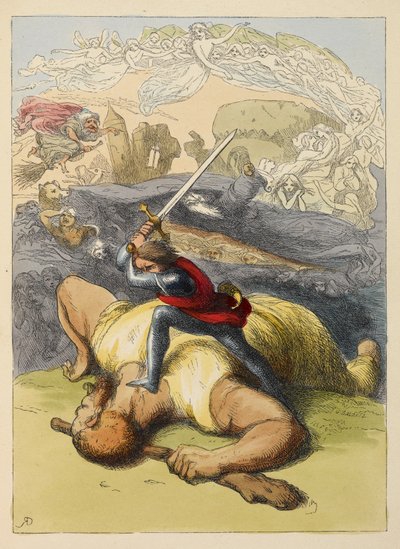 Jack de pie sobre el cuerpo de un gigante, con su espada en alto. Ilustración en color en un libro infantil. de Richard Doyle