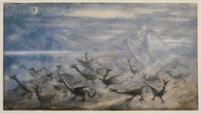 Paisaje a la luz de la luna, con una bruja y dragones jóvenes, 1876 de Richard Doyle