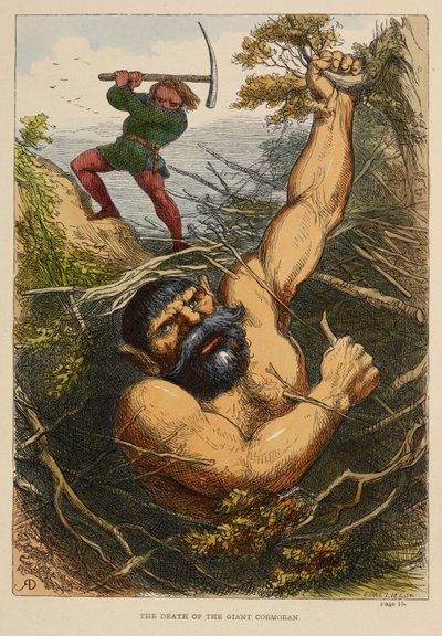 La muerte del gigante Cormoran". Según la leyenda, este gigante, llamado Cormoran, vivía en el Monte de San Miguel, en Cornualles. Ilustración en color en un libro infantil. de Richard Doyle