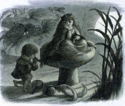 Un hada del agua sentada sobre un hongo es cortejada por un amante. En ""El mundo de las hadas"" de Richard Doyle de Richard Doyle