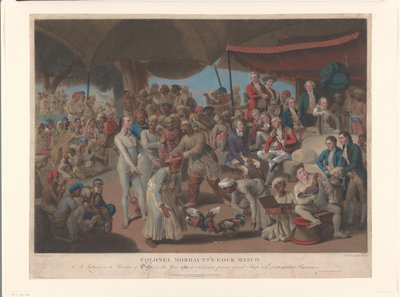 John Mordaunt y Asaf-ud-Daula ven una pelea de gallos La pelea de gallos del Coronel Mordaunt (título sobre el objeto) de Richard Earlom
