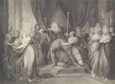 El rey Lear expulsando a su hija Cordelia, Shakespeare, primera publicación 1792, reeditado 1852 de Richard Earlom