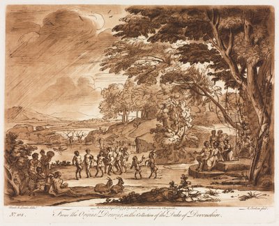 Liber Veritatis: No. 108, Paisaje con sátiros y ninfas bailando de Richard Earlom