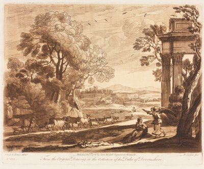 Liber Veritatis: No. 133, Un paisaje, con ganado y el ángel consolando a Agar, 1776 de Richard Earlom