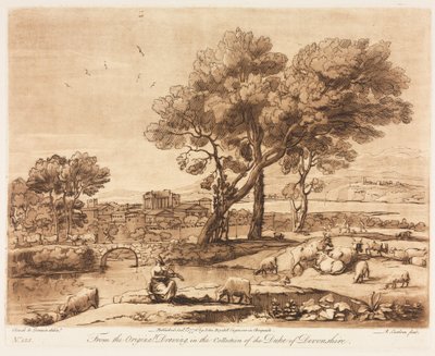 Liber Veritatis: No. 135, Un paisaje, con edificios, Mercurio robando el ganado de Admetuss de Apolo de Richard Earlom