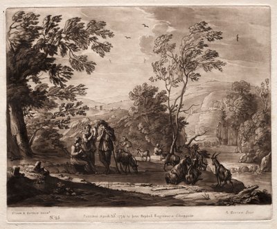 Liber Veritatis: No. 25, Un paisaje montañoso y boscoso con pastores tocando y cabras pastando de Richard Earlom