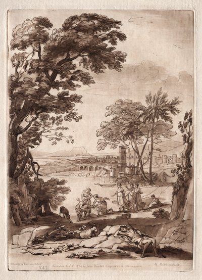 Liber Veritatis: No. 47, una escena de río con el hallazgo de Moisés de Richard Earlom