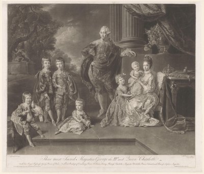 Retrato de Jorge III, Rey del Reino Unido, y su familia Sus majestades más sagradas Jorge III y la reina Carlota (título sobre el objeto) de Richard Earlom