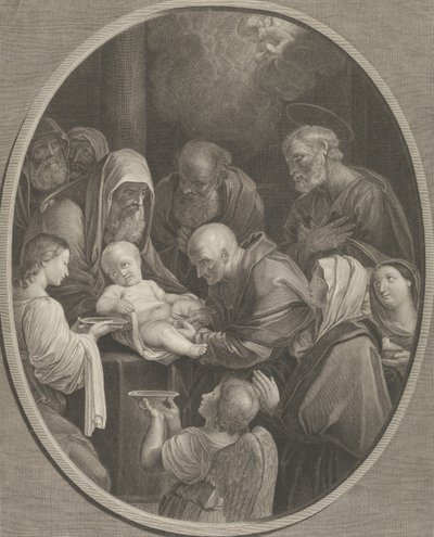 La circuncisión de Cristo, un grupo de hombres y mujeres a su alrededor, un ángel en el frente de Richard Earlom
