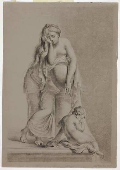 Figura femenina alegórica llorando con putto de Richard Earlom
