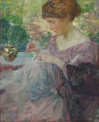 Joven mujer cosiendo de Richard Emil Miller
