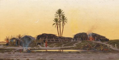 Atardecer sobre un pueblo, titulado en el reverso como pueblo árabe en Túnez de Richard Fuchs