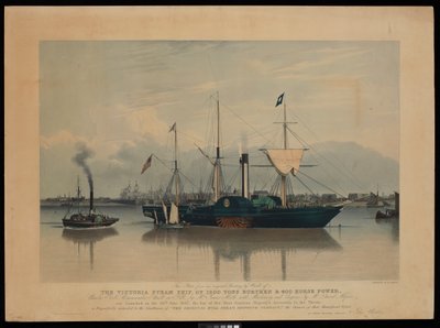 Esta lámina, de una pintura original de Ward, del Barco de Vapor Victoria, de 1200 toneladas de carga y 400 caballos de potencia... botado el 20 de junio de 1837... (aguatinta, coloreada, cartón) de Richard G. Reeve