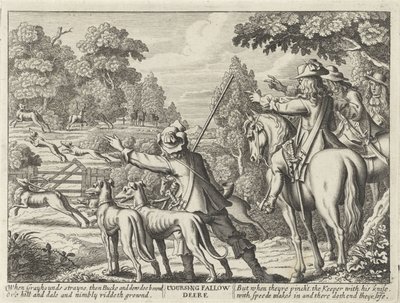 Herten nagejaagd puerta jachthonden Coursing Fallow Deere (título sobre el objeto) Jachtpartijen (título de la serie) Varias formas de caza, venta ambulante y pesca, según la manera inglesa (título de la serie) de Richard Gaywood (possibly)