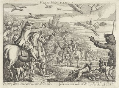 Cacería de cetrería para garzas y patos Hern Hawking (título sobre el objeto) Grupos de caza (título de la serie) Varias formas de caza, venta ambulante y pesca, según el estilo inglés (título de la serie) de Richard Gaywood (possibly)