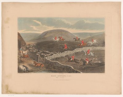 Paisaje con perros y cazadores a caballo corriendo por los campos Caza de liebres, lámina 2. ¡Nabos de guerra! (título en el objeto) de Richard Gilson Reeve