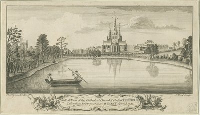 Catedral y cercanías de Lichfield - Vista este: grabado en placa de cobre de Richard Greene