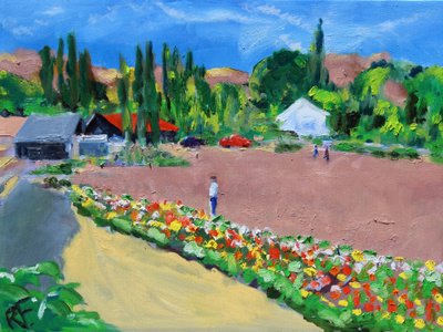 Admiring the Zinnias, 2021 (óleo sobre lienzo) de Richard H. Fox