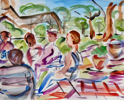 Conversación en el patio, 2022 (acuarela sobre papel) de Richard H. Fox