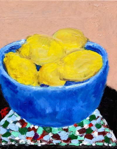 Naturaleza muerta con limones en un cuenco azul, 2021 (óleo sobre lienzo) de Richard H. Fox