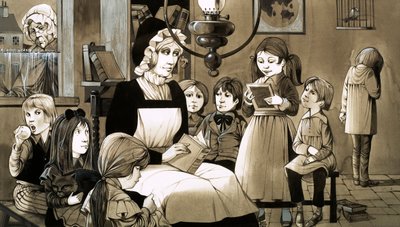 Una "Dame School" de la década de 1830 (gouache sobre papel) de Richard Hook