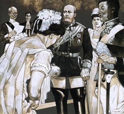 Rodeada de funcionarios de la Corte vestidos de raso, la joven debutante hizo una profunda reverencia a Sus Majestades. de Richard Hook