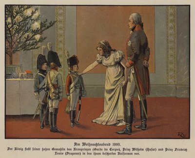 El rey Federico Guillermo III y la reina Luisa de Prusia con el príncipe heredero Federico Guillermo, el príncipe Guillermo y el príncipe Federico Luis vestidos con uniformes militares, Nochebuena de Richard Knotel