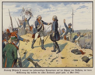 El rey Federico Guillermo II de Prusia abrazando a su heroico hijo, el príncipe heredero Federico Guillermo, en la colina de Kostheim de Richard Knotel