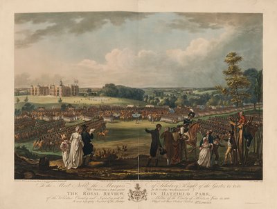 The Royal Review en Hatfield Park de la Caballería e Infantería de Voluntarios, con la Milicia del Condado de Herts, el 13 de junio de 1800, grabado por Joseph C. Stadler (fl.1780-1812) de Richard Livesay