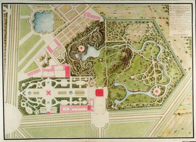 Plano de los jardines franceses y campestres del Petit-Trianon con las masas del edificio, del Recueil des plans du Petit Trianon por Richard Mique de Richard Mique