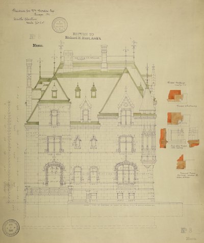 Residencia William Borden, Chicago, Illinois, elevación sur de Richard Morris Hunt