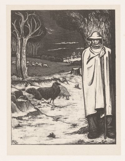 Pastor con un rebaño de ovejas en un paisaje de colinas de Richard Nicolaüs Roland Holst