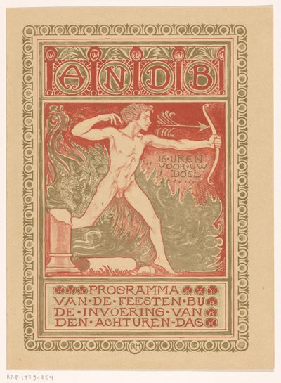 Diseño de portada para: Programa de celebraciones en la introducción de la jornada de ocho horas por el Sindicato General de Trabajadores del Diamante de Holanda
Programa de celebraciones con motivo de la introducción de la jornada de ocho horas (título e de Richard Nicolaüs Roland Holst