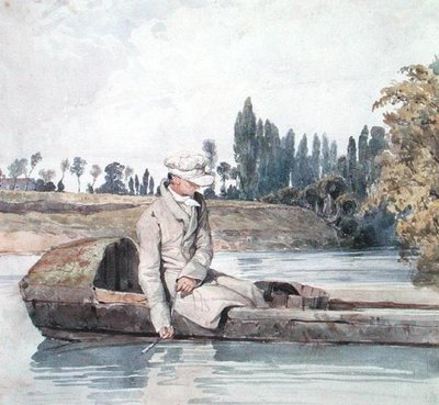Un hombre pescando desde un bote en un río de Richard Parkes Bonington