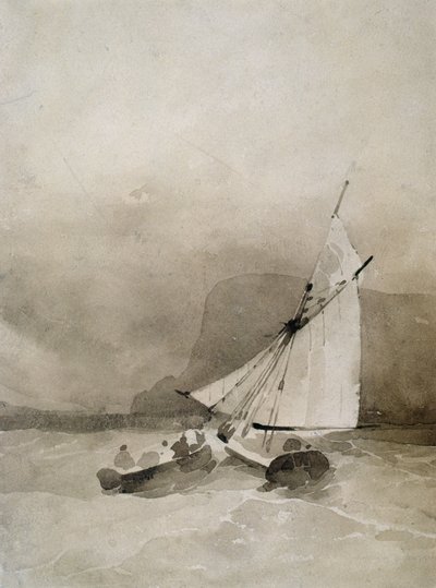 Un Velero y un Bote de Remo en mares agitados frente a Beachy Head, Sussex de Richard Parkes Bonington