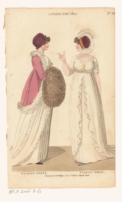 Revista de Moda Femenina de Londres y París. No. 36. Londres, febrero de 1801: Walking Dress; Vestido de noche de Richard Phillips