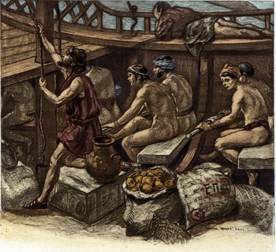 La vida de los galeotes a bordo de una galera griega en la Antigüedad. Ilustración de Richard Ranft (1862-1931) 1909 de Richard Ranft