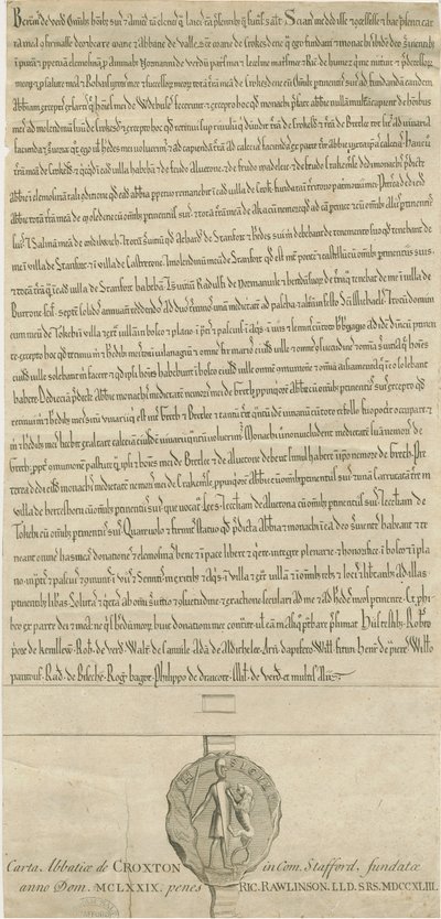 Croxden Abbey - Carta fundacional: grabado de Richard Rawlinson