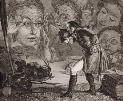 Los viajes de Gulliver de Jonathan Swift. Gulliver exhibido en una mesa para la admiración de los habitantes de Brobdingnag. Grabado de Redgrave. de Richard Redgrave