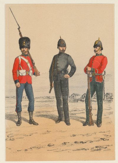 Tres soldados británicos
Nueve representaciones de uniformes militares británicos (título de la serie) de Richard Simkin