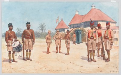 Soldados del Regimiento de la Costa de Oro fuera del cuartel general del regimiento en Kumasi de Richard Simkin